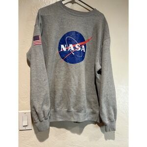 Three Layer NASA Graphic Crewneck Sweatshirt Gray XL USA Flag Patch CR280 Mens